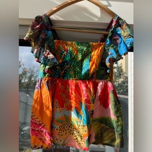 Farm Rio Leopards Tank Blouse with Pom Pom sleeves. Ties in back. Size M